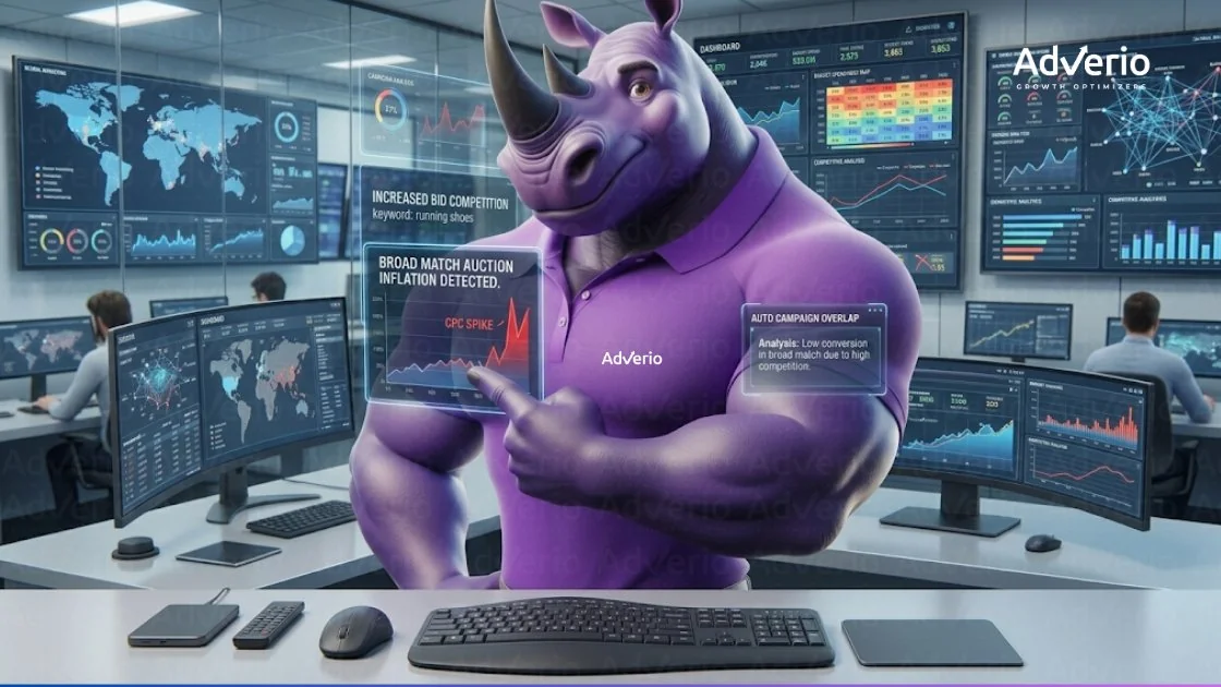 The Three-Test Framework for Amazon CPC Benchmarks 13 A purple rhino mascot points at a holographic graph showing a CPC spike in a data analysis control room.