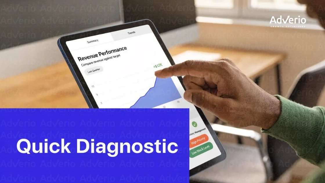 Amazon Fix This Next: The 5-Layer Framework That Sequences Profit Over Busywork 13 A hand interacts with a tablet showing revenue performance trends and business diagnostic tools.