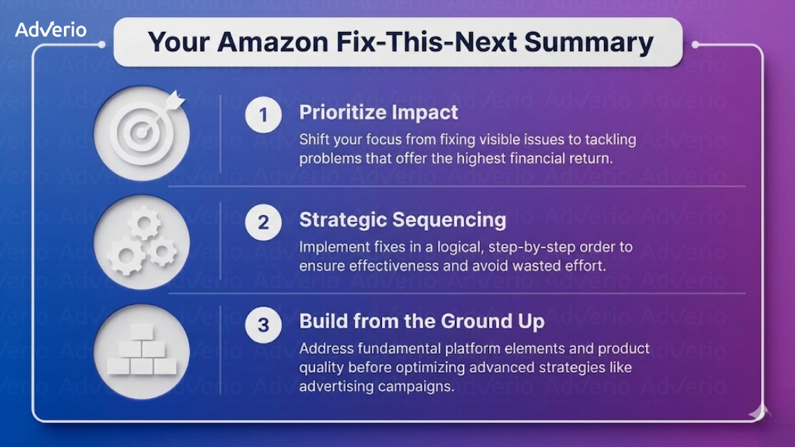 Amazon Fix This Next: The 5-Layer Framework That Sequences Profit Over Busywork 12 An AdVerio summary outlining three steps for Amazon fixes: prioritize impact, strategic sequencing, and build from the ground up.
