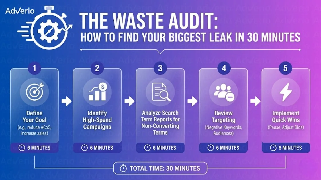 The 7 Structural Types of Amazon PPC Waste (and How to Fix Each One) 13 A 5-step process outlines how to conduct a waste audit to reduce Amazon PPC leaks in 30 minutes.