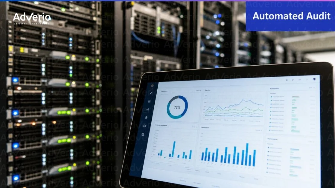 Amazon Product Detail Page Audit: The 12-Point Conversion Suppressor Checklist 23 A tablet shows a data analytics dashboard with charts and graphs in a server room, with 'Automated Audit' text.