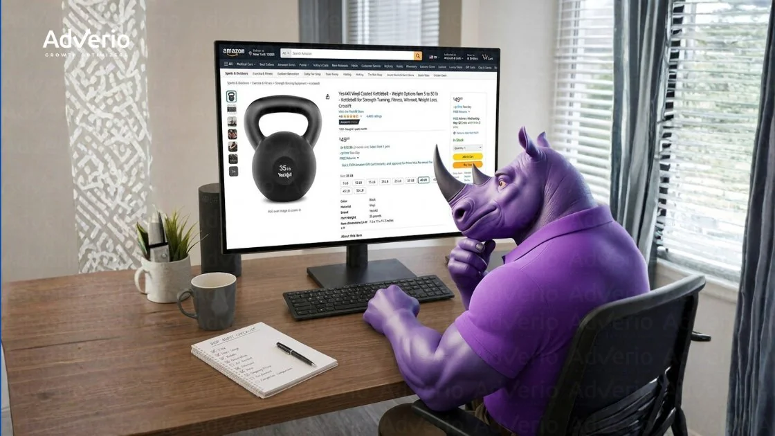 Amazon Product Detail Page Audit: The 12-Point Conversion Suppressor Checklist 22 A purple rhino mascot sits at a desk, looking at an Amazon product detail page for a kettlebell.