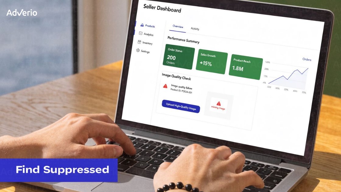 The Ultimate Amazon Suppressed Listing Fix 10 Close-up of hands typing on a laptop displaying a seller dashboard with performance data and an image quality check.