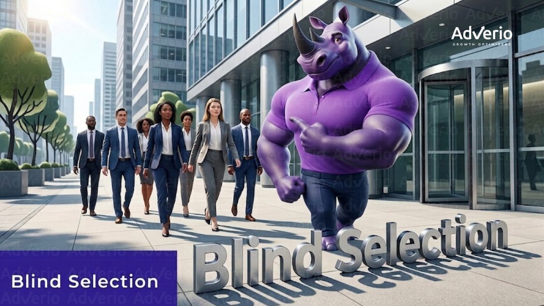 How to Choose an Amazon Agency in 2026: The Governance Framework That Protects Profit 10 Diverse business professionals and a purple rhino mascot walk past 'Blind Selection' text on a city street.