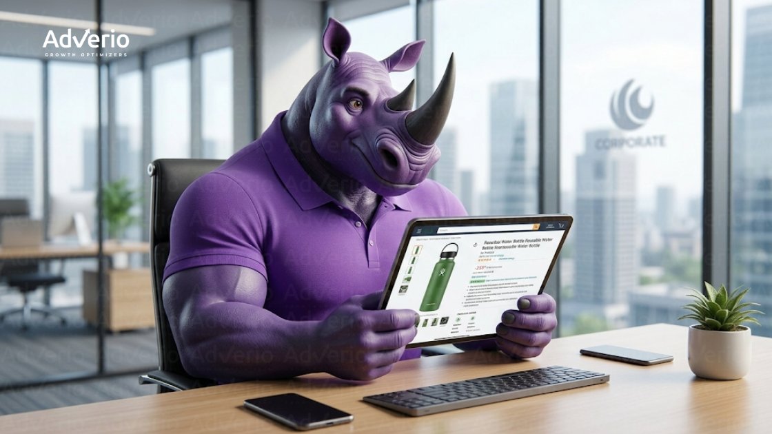 Strong LQS, Still Stalling? How to Diagnose the Machine Layer Your Listing Audit Missed 17 A purple rhino in a purple polo shirt sits at an office desk, holding a tablet displaying an Amazon listing for a green water bottle.