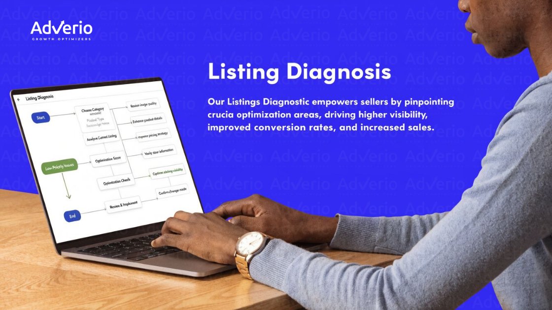 Strong LQS, Still Stalling? How to Diagnose the Machine Layer Your Listing Audit Missed 18 A person uses a laptop displaying a 'Listing Diagnosis' flowchart, with AdVerio branding and optimization text.
