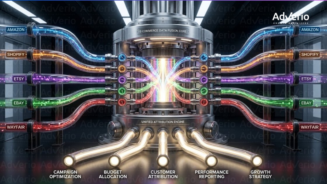 Unlock Growth With Multi-Marketplace Attribution in 2026 22 A futuristic machine collects e-commerce data from multiple platforms for optimization and attribution.
