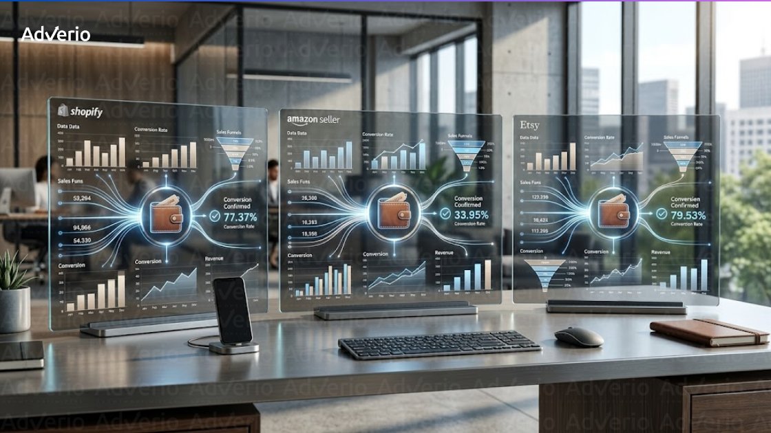 Unlock Growth With Multi-Marketplace Attribution in 2026 20 Three transparent screens display e-commerce analytics for Shopify, Amazon Seller, and Etsy in an office.