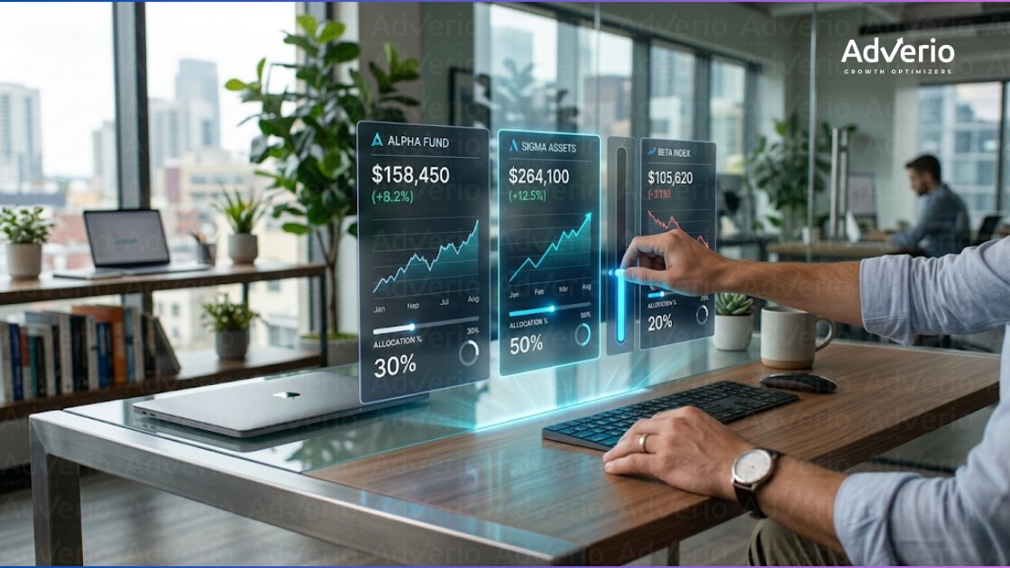 Unlock Growth With Multi-Marketplace Attribution in 2026 23 A man interacts with a futuristic holographic financial dashboard displaying investment data in an office.