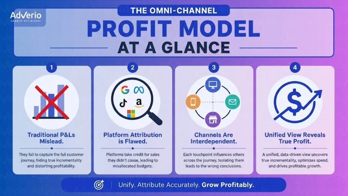 Omni-Channel Profit Model: How to Build the P&L Across Amazon, Walmart, and Target 20 Infographic detailing the Omni-Channel Profit Model, explaining how to unify data, attribute accurately, and grow profitably.