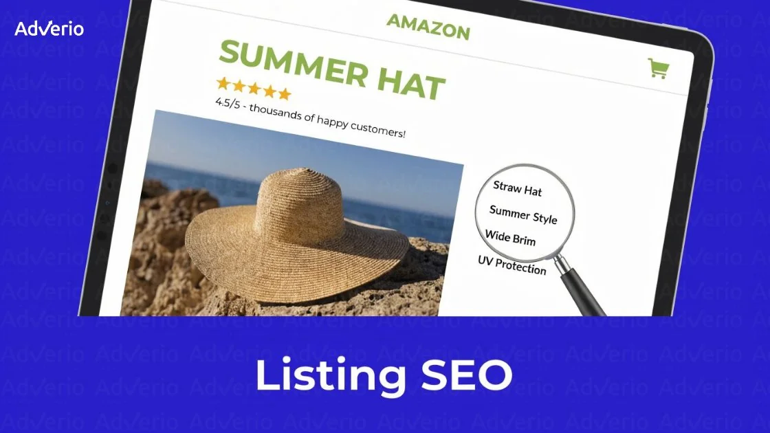 15 Questions to Ask Amazon Agency Experts in 2026 17 Tablet displaying an Amazon product listing for a 'Summer Hat', with a magnifying glass highlighting SEO keywords.