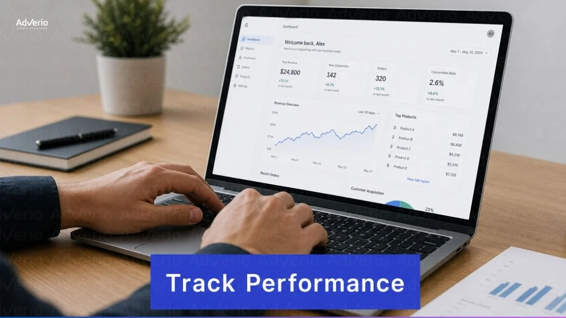 Walmart Buy Box Strategy: Win & Hold It in 2026 23 A person types on a laptop displaying a business performance dashboard with sales, customer, and product data.