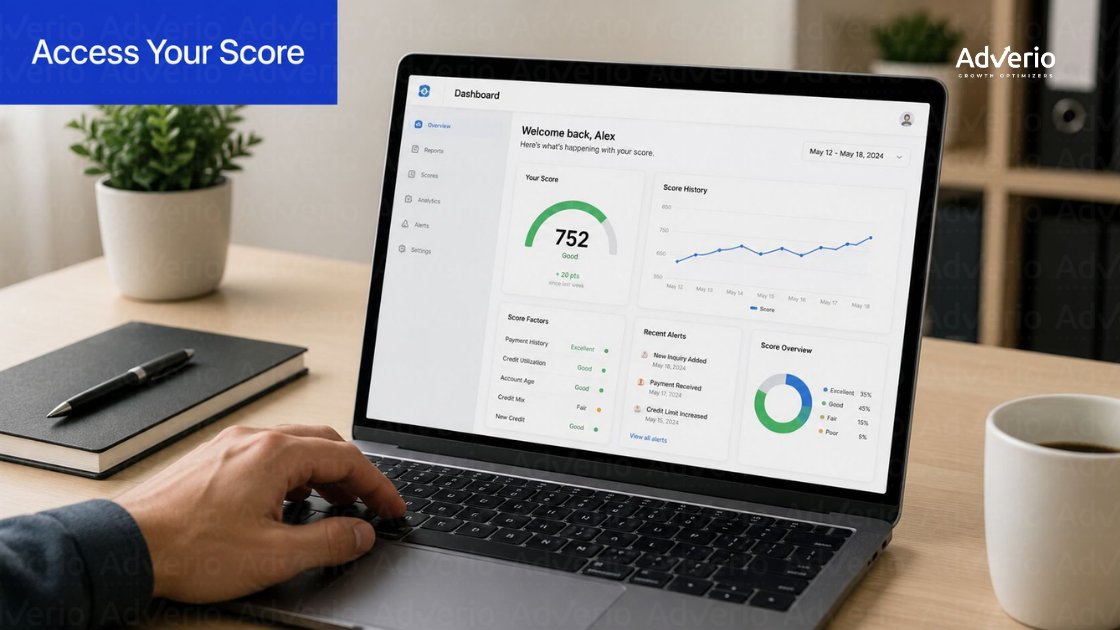 Walmart Content Score: The Ad Spend Gate You Cannot Afford to Ignore in 2026 17 A person uses a laptop displaying a credit score dashboard, showing a score of 752 and score history.