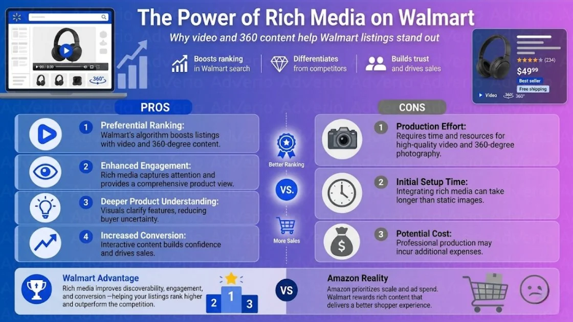 Walmart Listing Optimization: Fix the Amazon Habits That Kill Your Margin 22 Infographic comparing pros and cons of rich media for Walmart product listings, highlighting ranking and sales benefits.