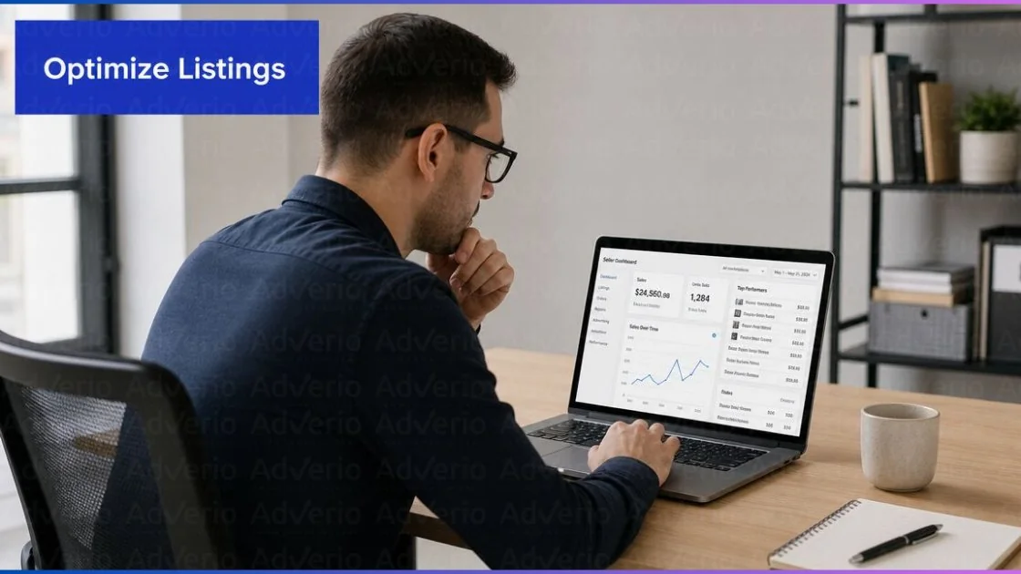 Walmart Listing Optimization: Fix the Amazon Habits That Kill Your Margin 23 A man in glasses intently looking at a laptop showing a seller dashboard with sales data and listing optimization.