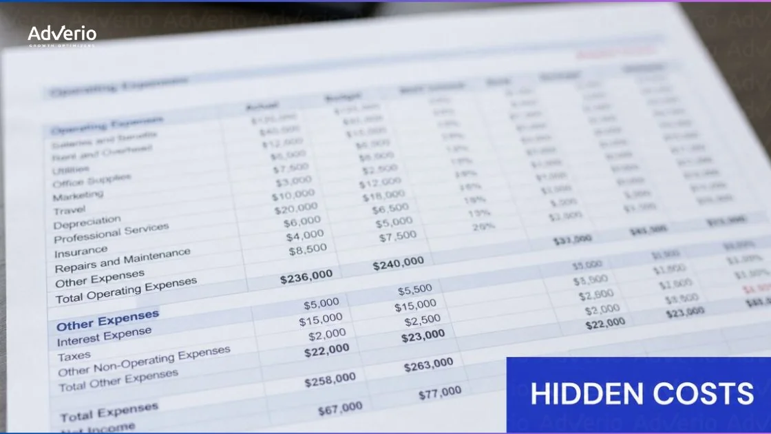 Walmart Seller Fees Breakdown 2026: The Full Cost Stack for Profitable Expansion 16 A close-up of a financial expense report from AdVerio, detailing operating and other expenses, highlighting 'Hidden Costs'.