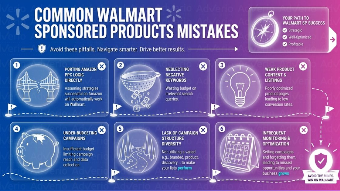 Walmart Sponsored Products: The Three-Campaign Build and 30-Day Launch Protocol 23 Infographic detailing 6 common Walmart Sponsored Products mistakes to avoid for better results.