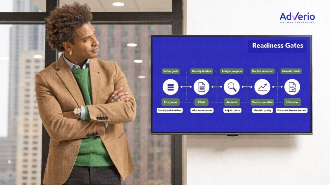When to Expand Amazon to Walmart: Your 2026 Strategy Guide 17 A man in a brown jacket and green sweater looking at a screen displaying a 'Readiness Gates' flowchart.
