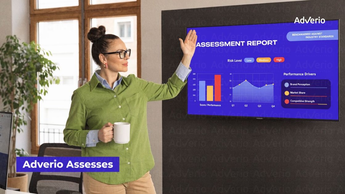 When to Expand Amazon to Walmart: Your 2026 Strategy Guide 18 A woman presents AdVerio's assessment report displaying performance charts and risk levels on a large screen.