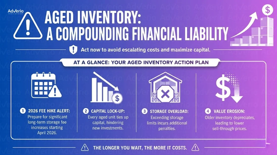 Amazon Aged Inventory Strategy: The 120-Day Clearance Framework for FBA Sellers 20 Infographic outlining aged inventory as a financial liability, with an action plan for fee hikes, capital lock-up, storage, and value erosion.