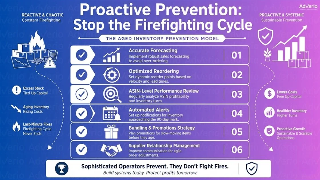 Amazon Aged Inventory Strategy: The 120-Day Clearance Framework for FBA Sellers 21 Infographic contrasting reactive and proactive inventory management, detailing six steps for aged inventory prevention and their benefits.