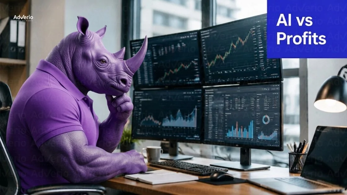 Amazon Automated Campaigns AI 2026: Your Profit Guide 21 A purple rhino-like creature in a polo shirt analyzes financial charts on multiple monitors, with 'AI vs Profits' text.