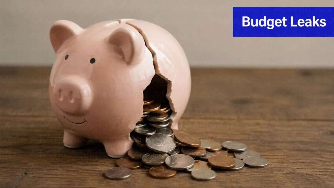 Amazon Broad Match Governance: The Four Operating Rules That Stop Discovery Spend from Becoming a Tax 21 A broken pink piggy bank spills coins onto a wooden table, with a 'Budget Leaks' banner.