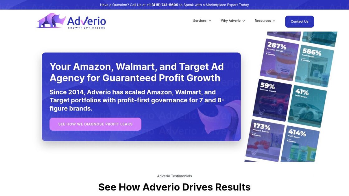 Amazon Cash Flow Management: Survive the Spend-Settlement 23 AdVerio website promoting ad agency services for Amazon, Walmart, and Target, showcasing profit and revenue growth.