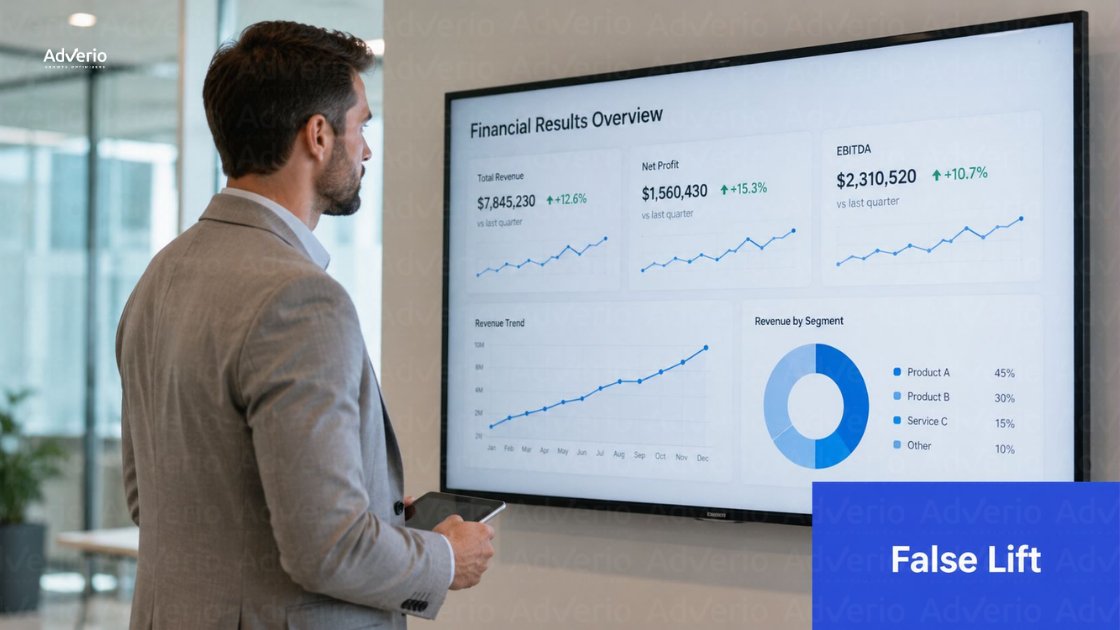 Amazon DSP Incrementality Testing: A Profit-First Playbook 20 A man in a suit looks at a large screen displaying financial results, holding a tablet.