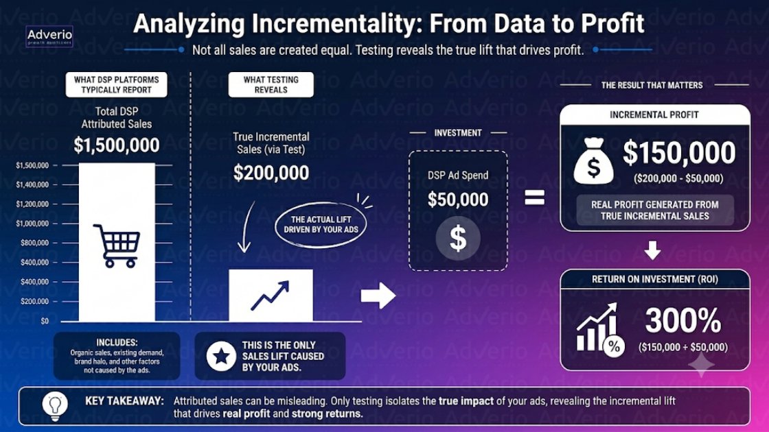 Amazon DSP Incrementality Testing: A Profit-First Playbook 23 Infographic comparing DSP-attributed sales to true incremental sales, ad spend, profit, and ROI for marketing effectiveness.