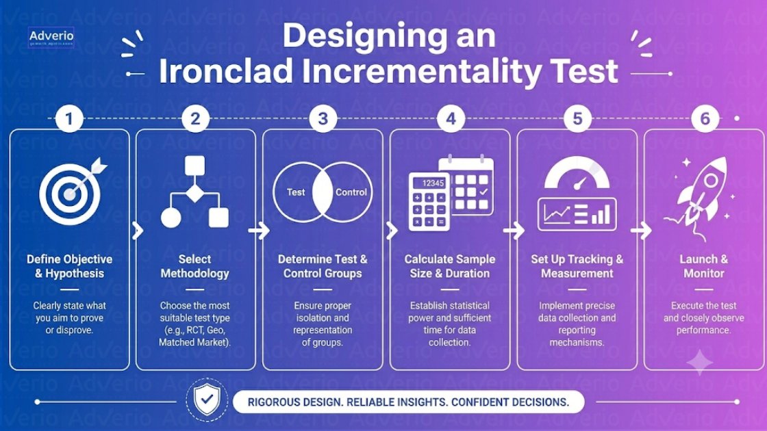 Amazon DSP Incrementality Testing: A Profit-First Playbook 22 Infographic illustrating six crucial steps for designing an ironclad incrementality test process.