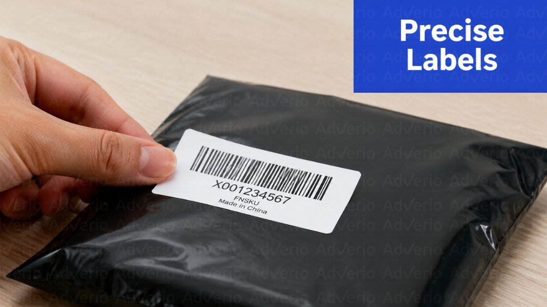 Your Amazon FNSKU Labeling Guide for 2026 Compliance 17 A hand applies a white FNSKU barcode label with product details to a black plastic package.