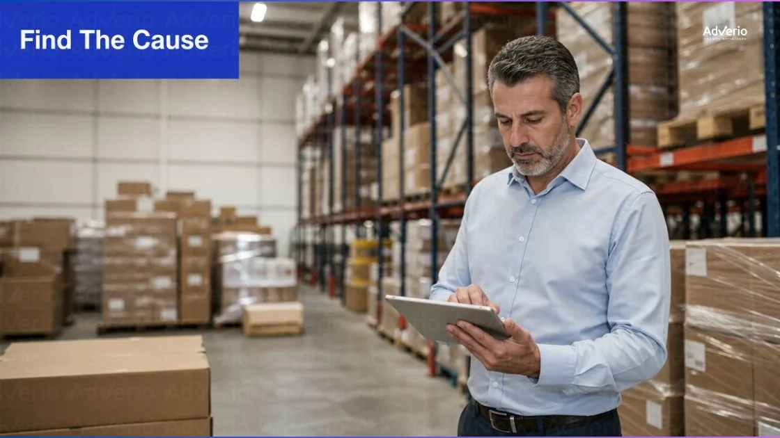 Amazon Inventory Performance Index Strategy: The Financial Control System Most Brands Ignore 21 A man in a warehouse inspects inventory on a tablet, surrounded by shelves and packed boxes.