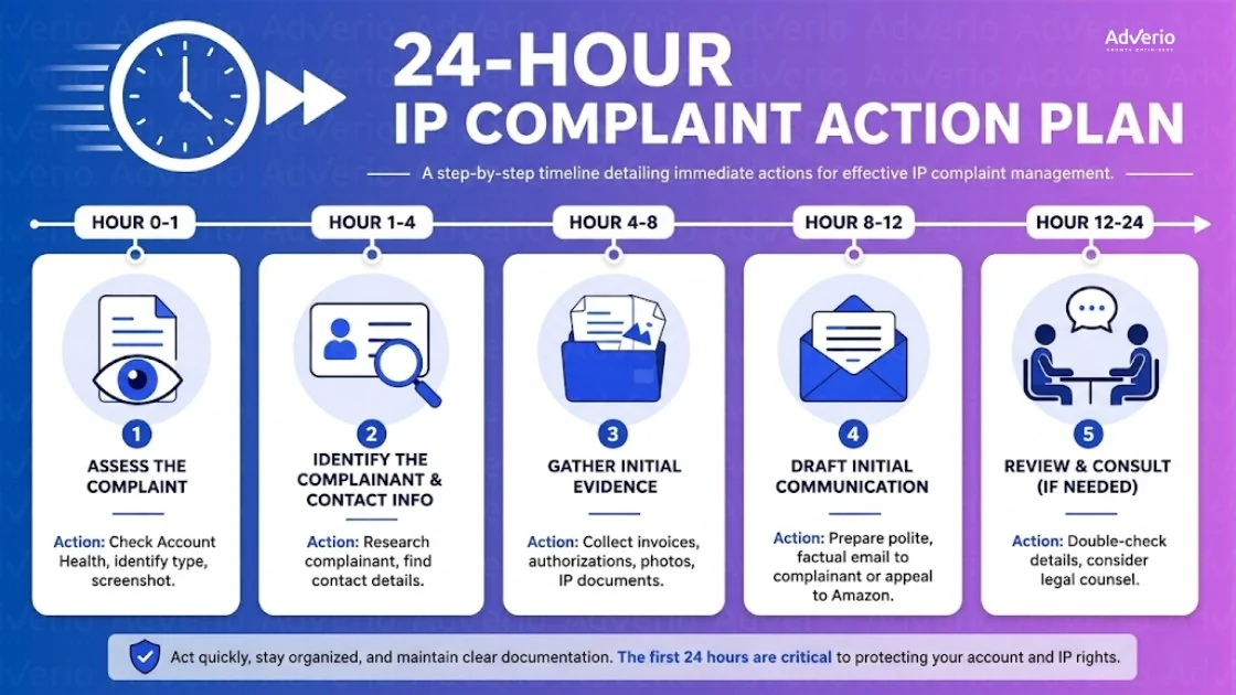Amazon IP Complaint Strategy: Protect Your Listings 23 Infographic showing a 24-hour action plan for managing intellectual property complaints, with five key steps.