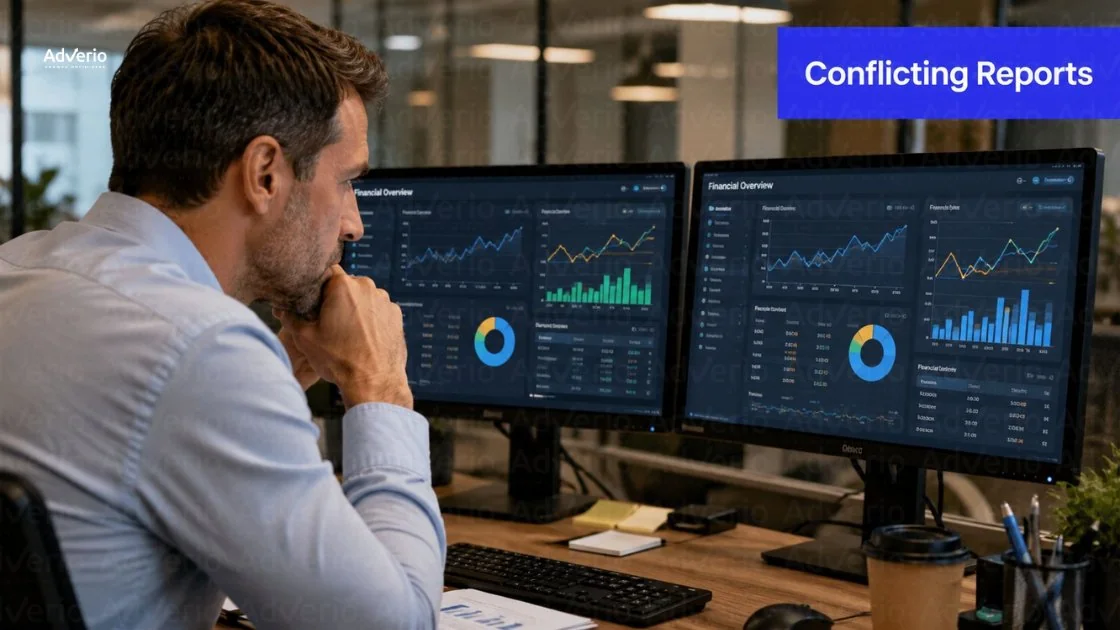 Amazon Net Revenue Reconciliation: Match Your P&L 17 A focused man reviews financial reports on dual computer monitors, with a