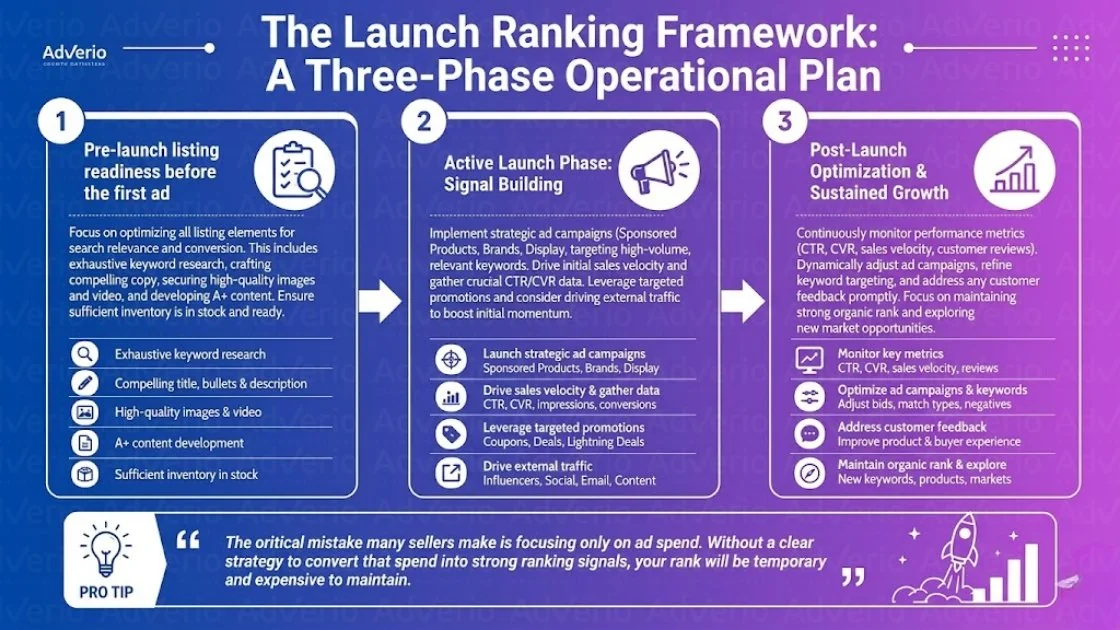 Master Amazon New Product Launch Ranking: Organic Velocity 13 A three-phase launch ranking framework by AdVerio, detailing pre-launch, active launch, and post-launch strategies for product ranking.