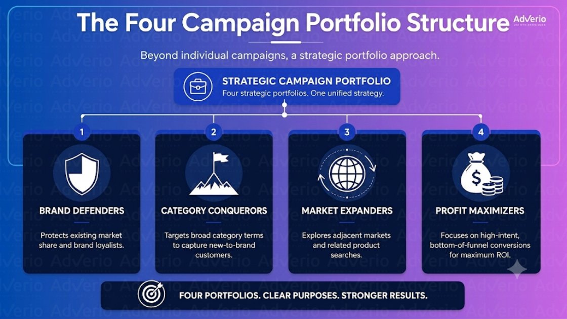 Amazon Persona-Based PPC: The Four-Portfolio Architecture for AI-Era Discovery 21 An infographic illustrating The Four Campaign Portfolio Structure with Brand Defenders, Category Conquerors, Market Expanders, and Profit Maximizers.