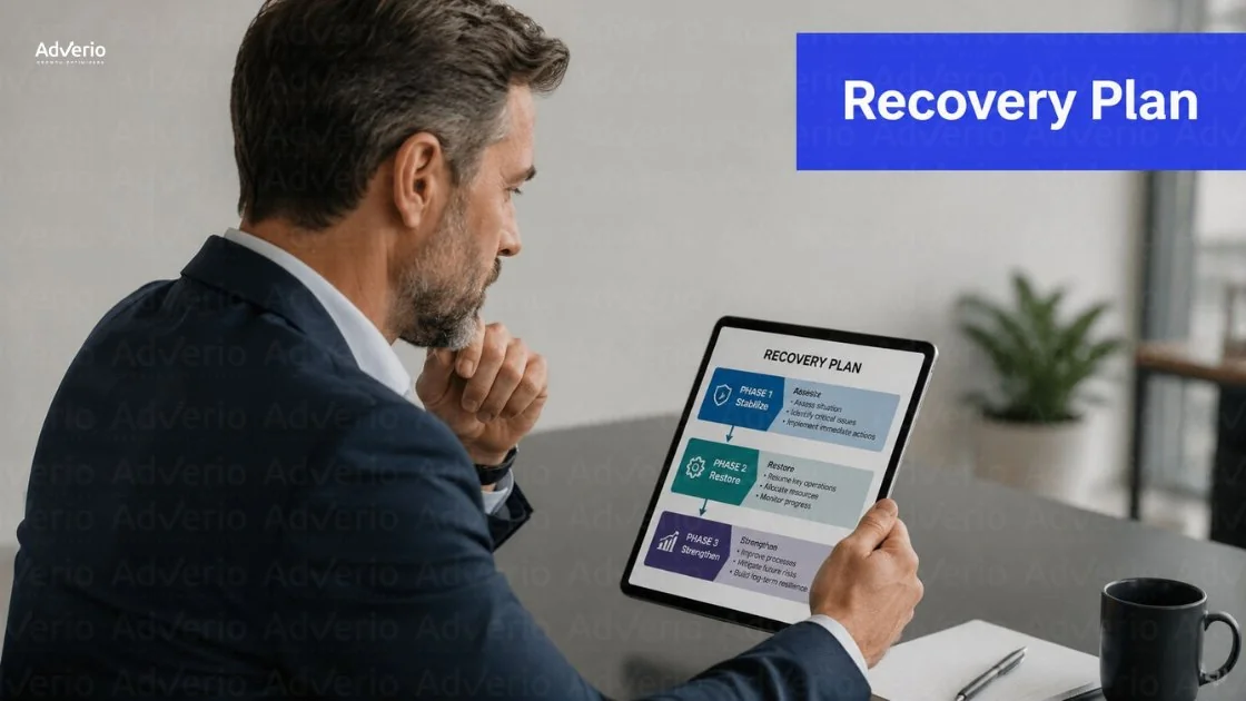 Amazon Price Matching Buy Box Loss: How to Diagnose Whether Amazon Got It Wrong 22 A man in a suit thoughtfully examines a tablet displaying a detailed three-phase recovery plan.