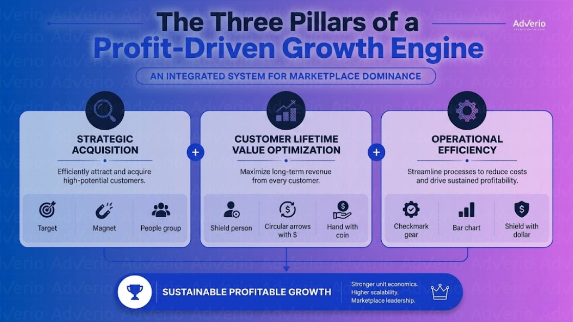 Master Your Amazon Retail Media Full Funnel Strategy 16 Infographic showing three pillars of profit-driven growth: strategic acquisition, customer value, and operational efficiency.
