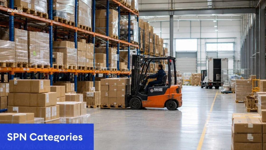 Amazon Service Provider Network Partner Guide 2026 13 Forklift operator moving boxes on pallets in a busy warehouse with tall shelves.