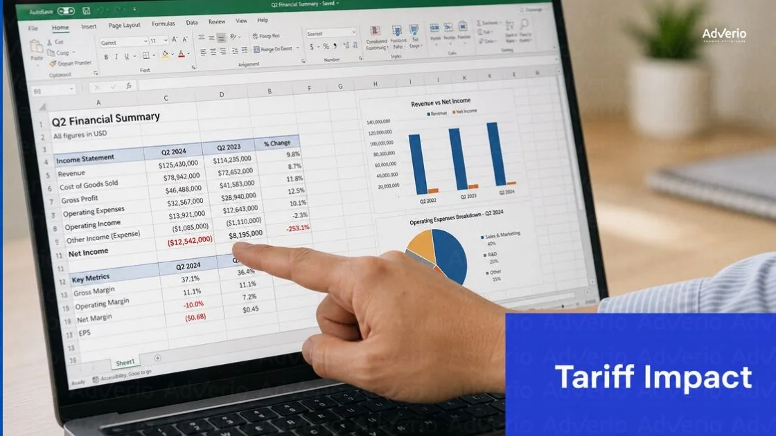 Amazon Tariff Strategy Margin Protection: Maximize Profit 17 A person's hand points to a laptop screen displaying an Excel Q2 financial summary with charts.