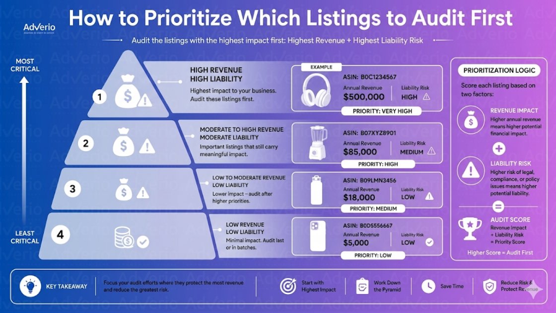 Amazon Video Listing Strategy: 2026 Compliance Guide 23 Infographic explaining how to prioritize Amazon listings for auditing based on revenue and liability risk using a four-level pyramid.