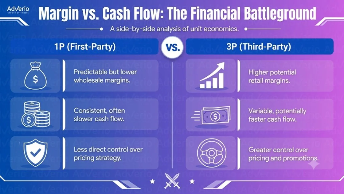 Target 1P vs 3P: The Definitive Guide for Brands 21 Infographic comparing first-party (1P) and third-party (3P) financial models for margins and cash flow.
