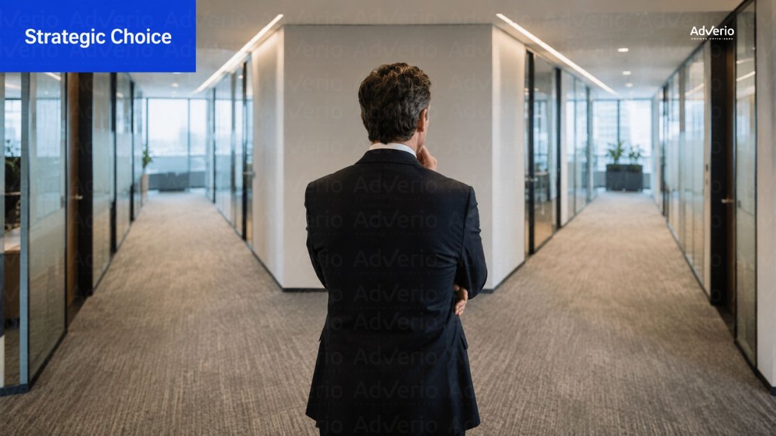 Target 1P vs 3P: The Definitive Guide for Brands 20 A man in a suit stands at a fork in a modern office hallway, facing a strategic decision.