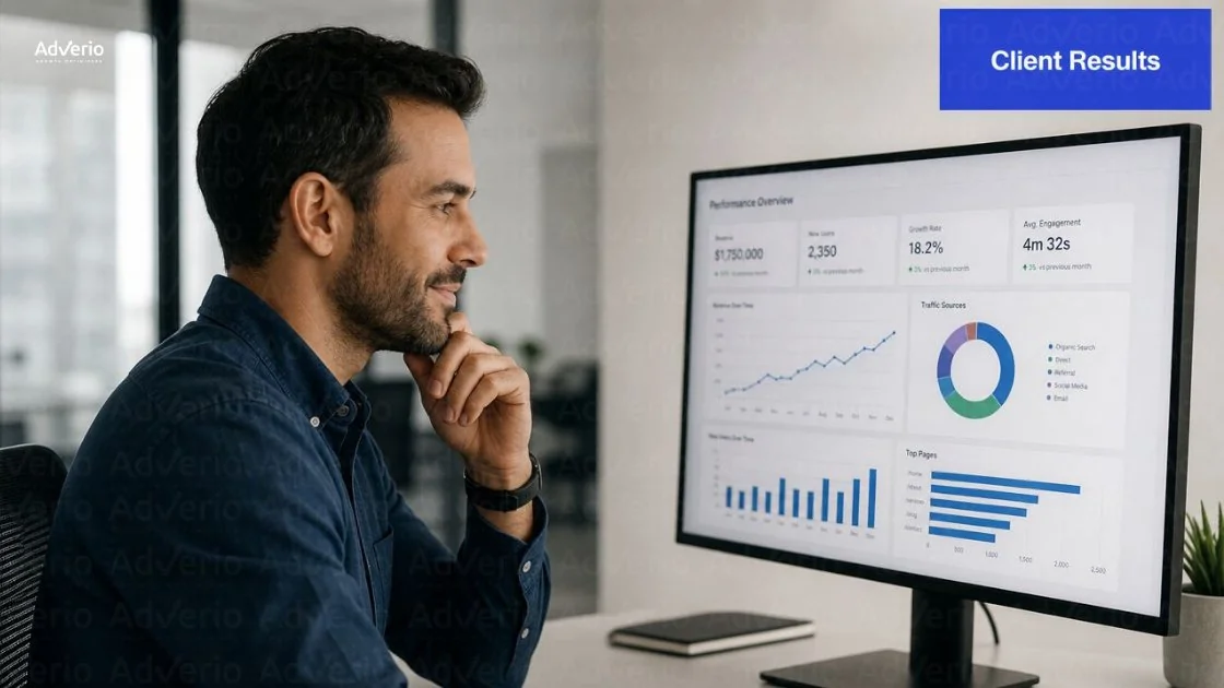 Adverio: A Top Walmart Connect Partner Agency 22 A man in a blue shirt smiling, looking at a desktop monitor showing business analytics data.