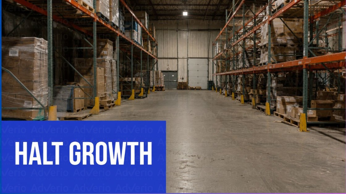 Amazon Advertising Payment Changes Cash Flow 18 A wide view of a warehouse aisle with shelves full of stacked boxes, and a blue text overlay saying 'HALT GROWTH'.