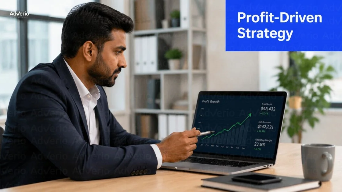 Amazon Listing Optimization Services: What Should You Get? 23 A professional man in a suit points at a laptop screen displaying a profit growth chart and financial data.