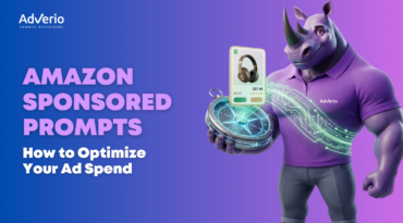 Adverio - Purple rhino mascot holding a smiling corgi named Alexa illustrating where Amazon Alexa gets product information to answer customer shopping questions