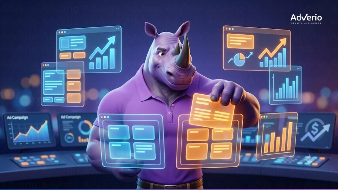 Amazon Sponsored Prompts: How to Optimize Your Ad Spend 5 A purple rhinoceros character managing digital marketing data and growth dashboards.