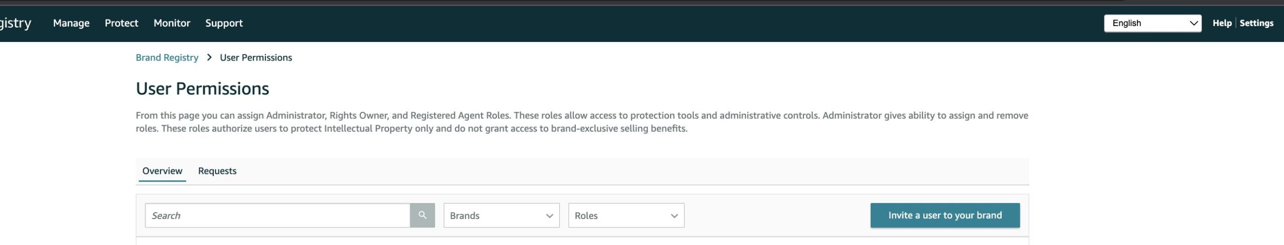 SPP_Access_Guide_Adverio 1 Brand Registry User Permissions page with the Invite a user to your brand button